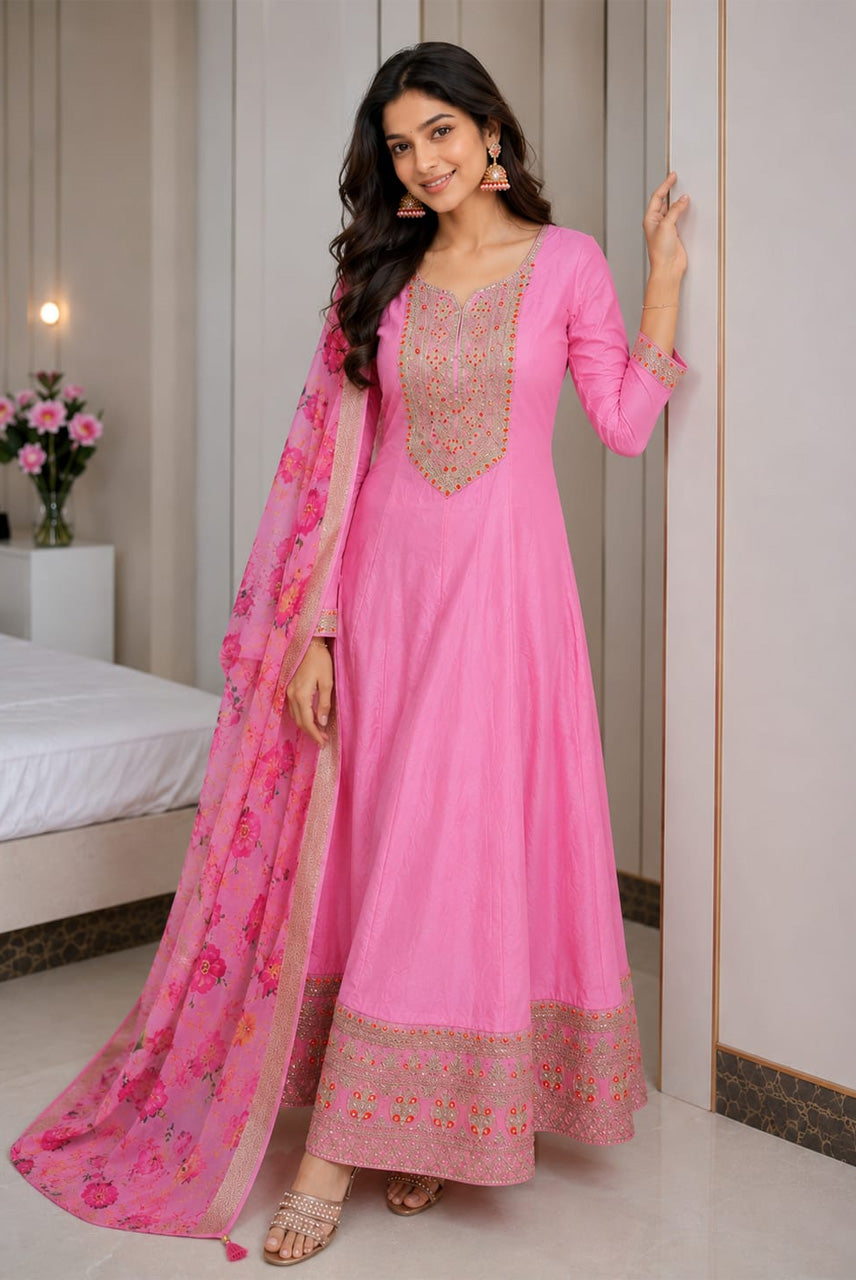Gulnaar Rani – Pink Zari Anarkali Dupatta Set