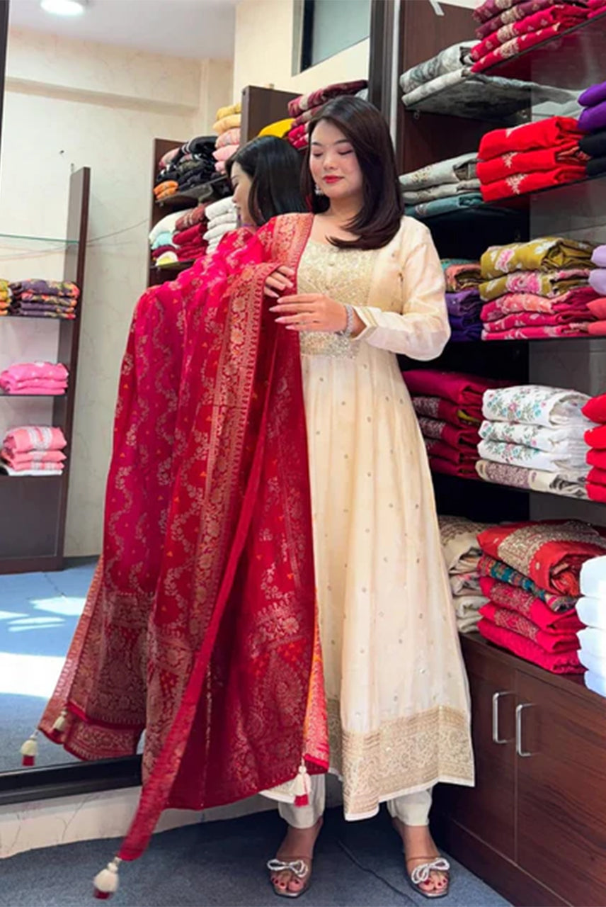 Anarkali Suit Set with Red Banarasi Dupatta