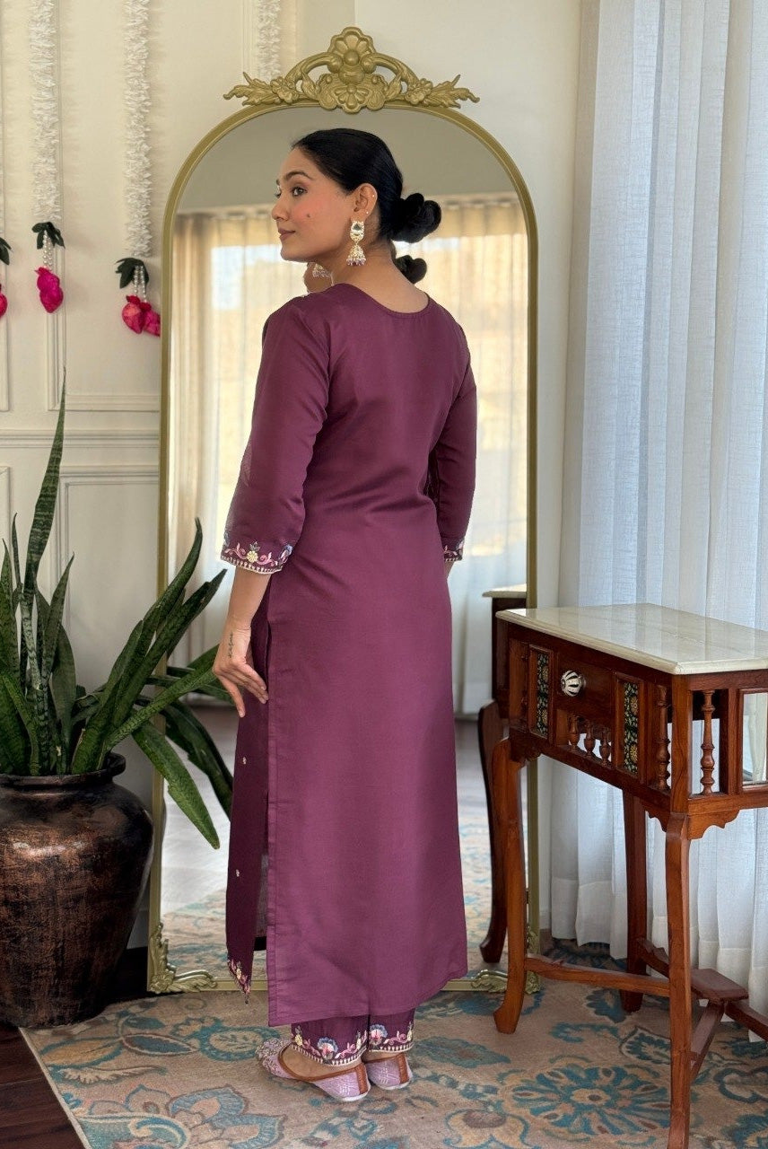 Wine Purple Floral Embroidered Kurta Set with Dupatta