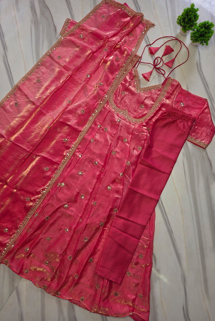 Gulnaar Pink Organza Anarkali Kurta Set