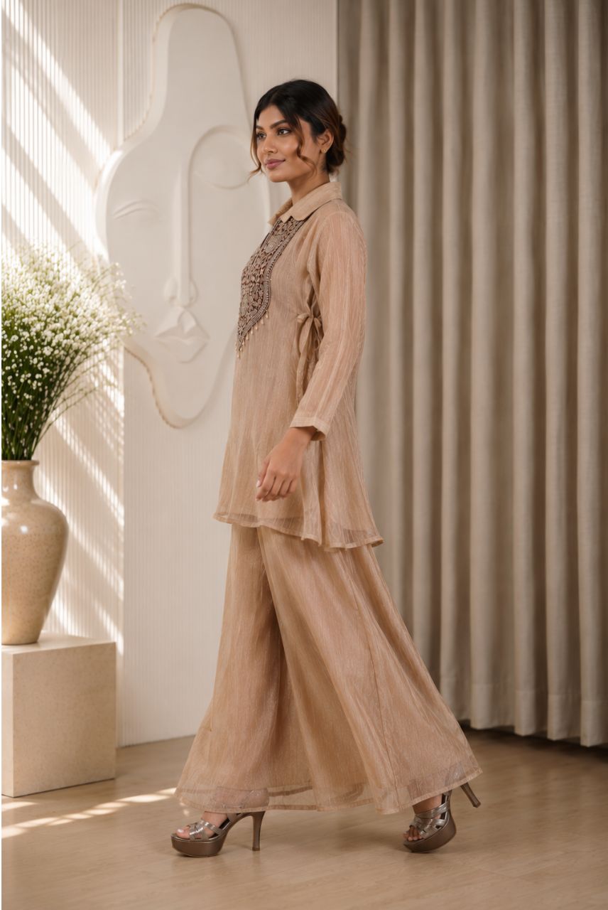 Beige Salsa Fabric Embroidered Kaftan Set with Palazzo