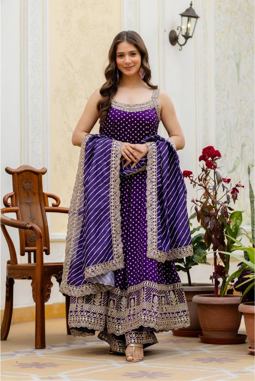 Royal Purple Bandhani Vichitra Silk Embroidered Anarkali Suit Set with Leheriya Dupatta