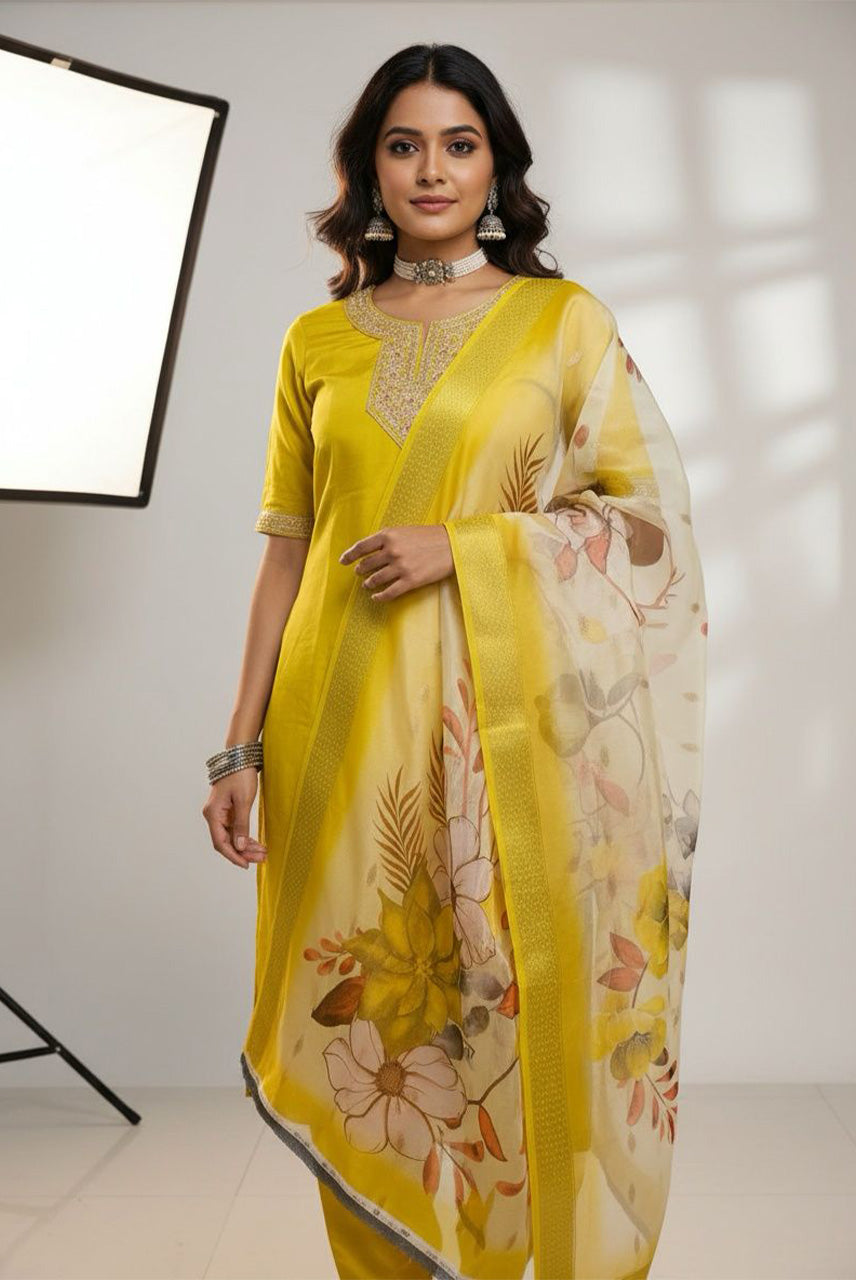 Sunshine Blossom Floral Organza Dupatta Kurta Set