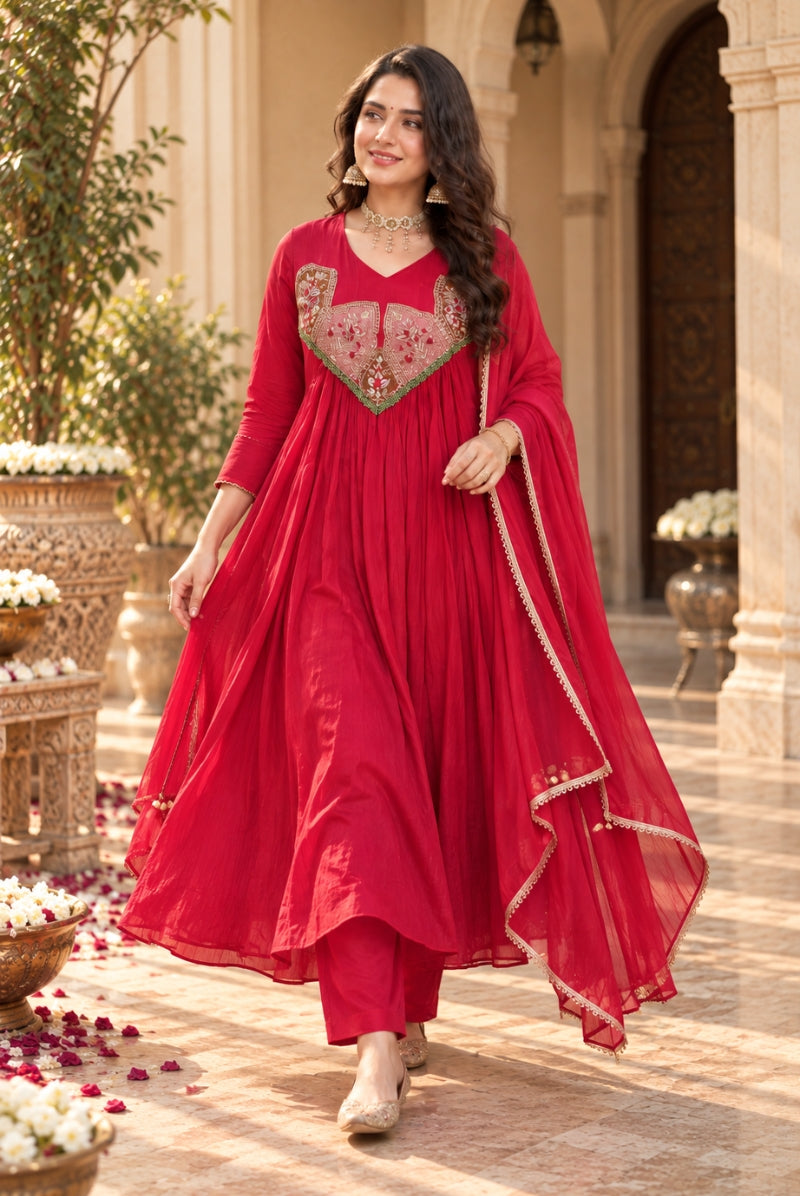 Red Wine Embroidered Pure Mal Chanderi Anarkali Suit Set