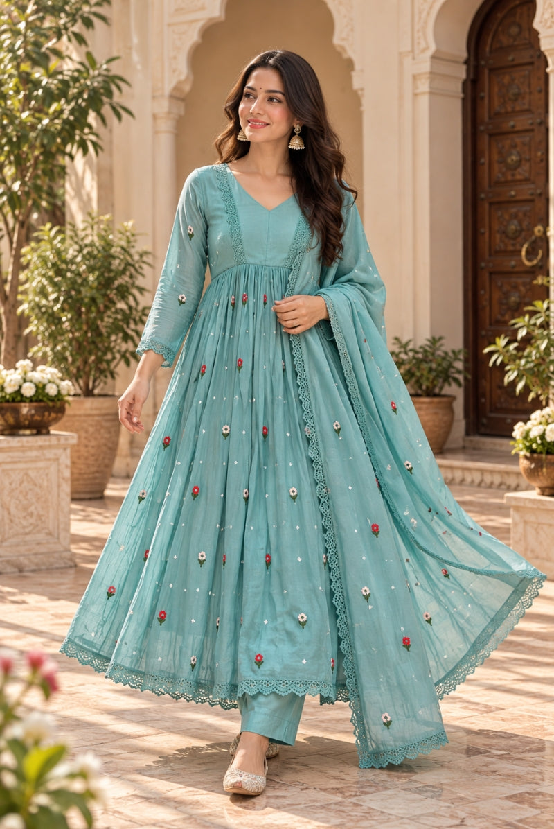 Aqua Blue Floral Embroidered Pure Mal Chanderi Anarkali Suit Set