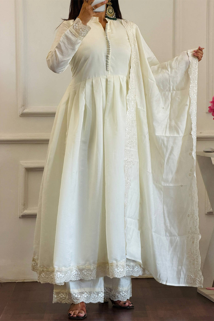 White Embroidered Anarkali Suit Set with Dupatta