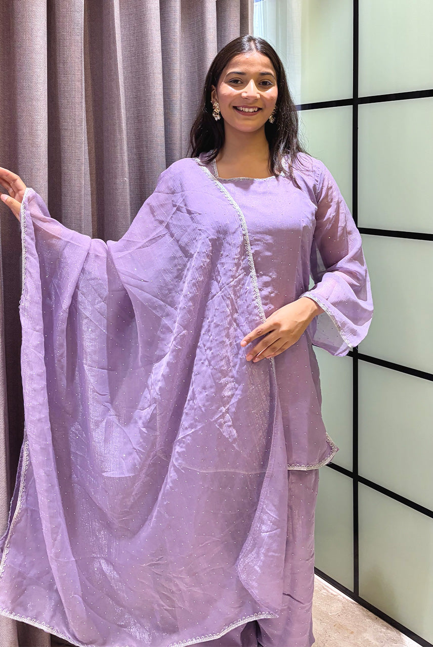 Lavender Glow Embellished Kurta Pant Set with Dupatta