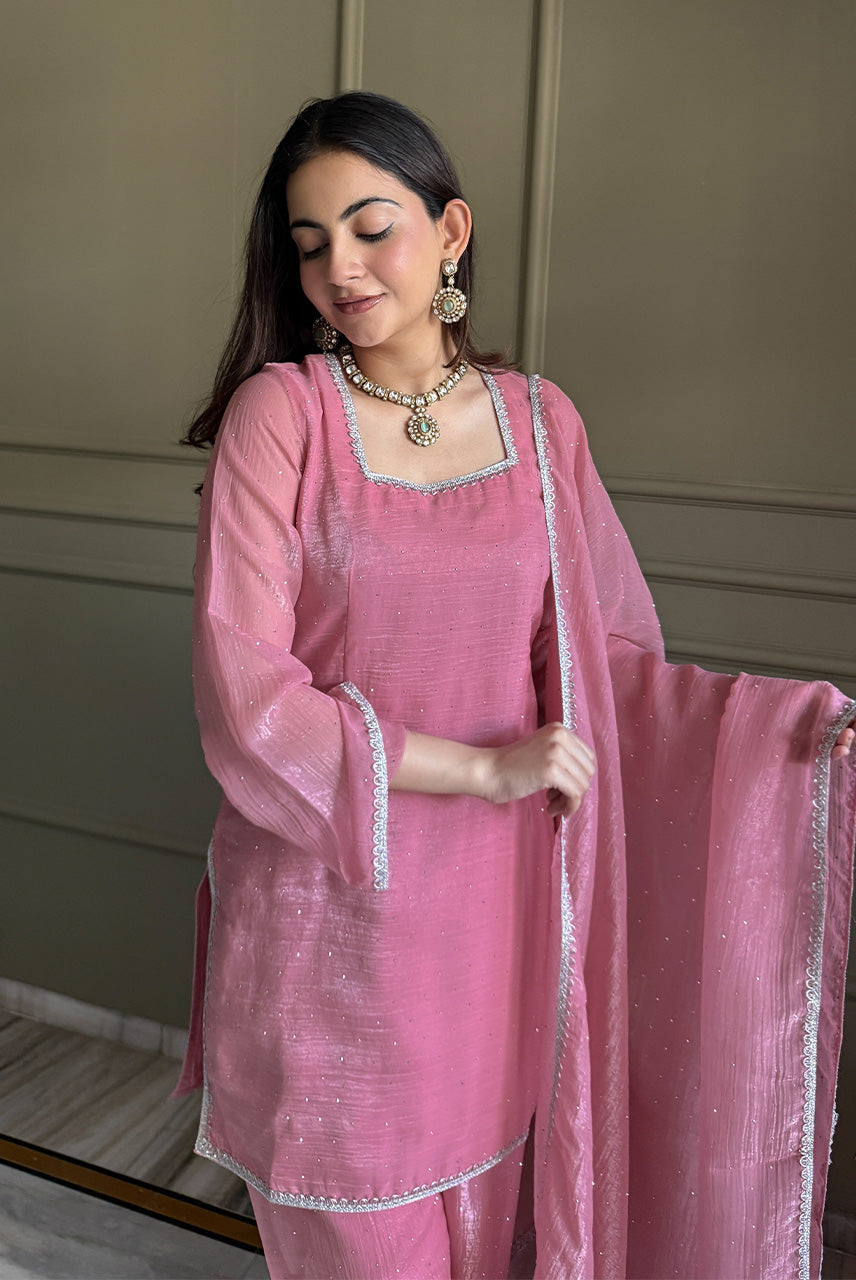 Blush Pink Embellished Kurta Pant Set with Dupatta