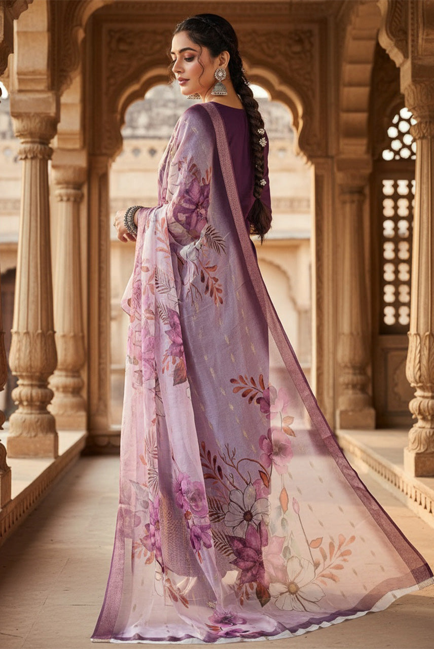 Lavender Bloom Floral Printed Kurta Set with Organza Dupatta