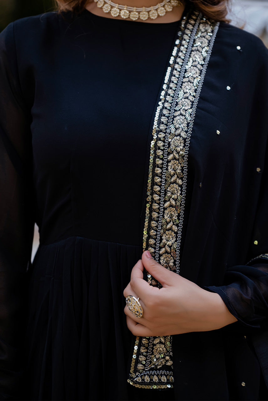 Midnight Black Embroidered Anarkali Gown with Dupatta