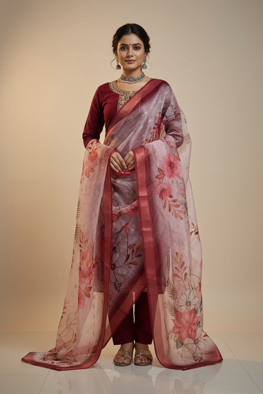 Ruby Bloom Floral Organza Dupatta Kurta Set