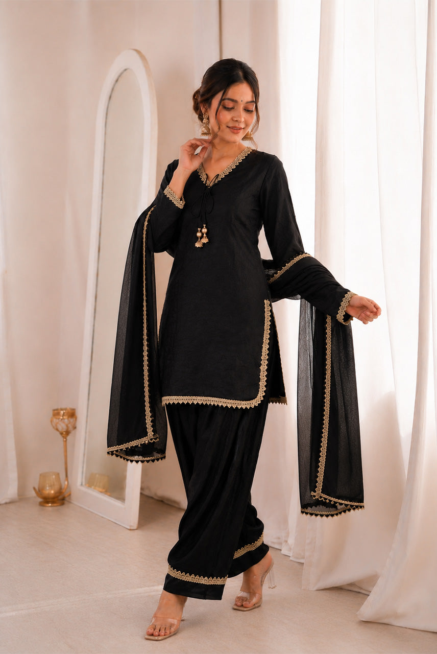 Classic Black Lace Detail Kurta Pant Set with Dupatta