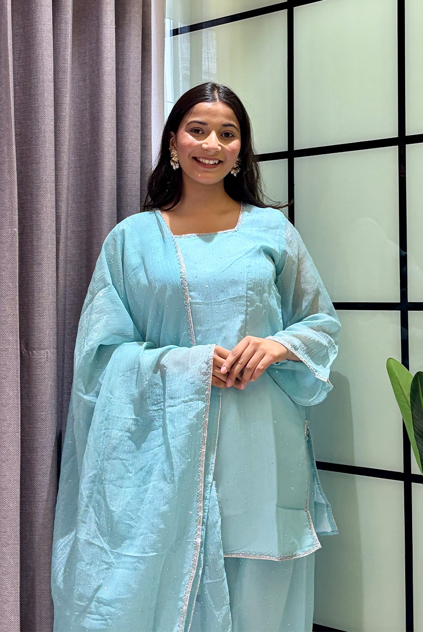 Powder Blue Embellished Kurta Palazzo Set with Dupatta
