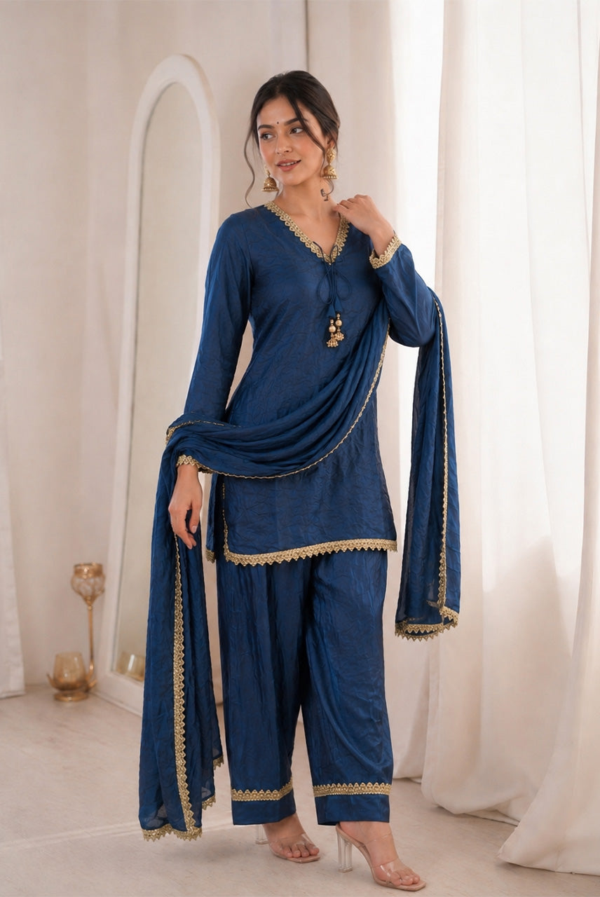 Royal Blue Lace Detailed Kurta Pant Set with Dupatta