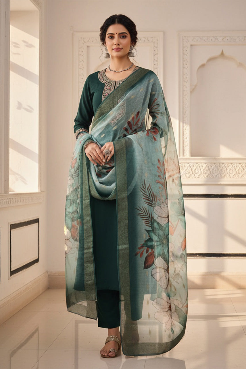 Emerald Mist Floral Organza Dupatta Kurta Set
