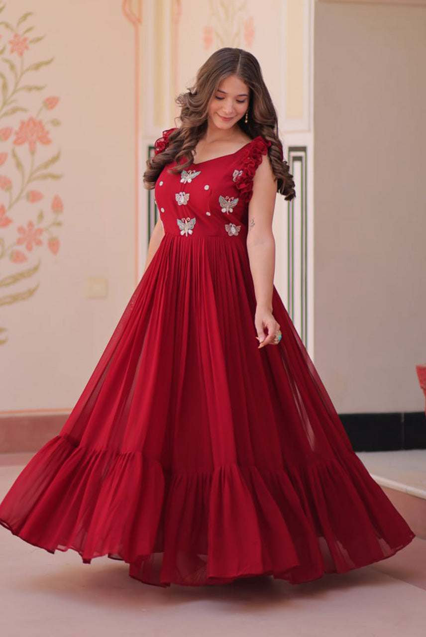 Ruby Red Butterfly Embellished Flared Anarkali Gown
