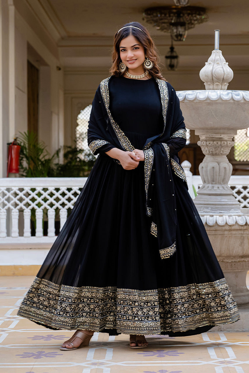 Midnight Black Embroidered Anarkali Gown with Dupatta