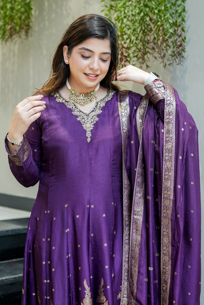 Shahi Noor Purple Zari Anarkali Set