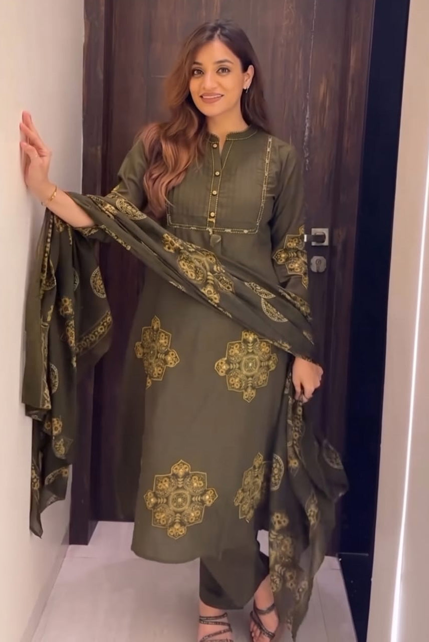 Olive Green Printed Kurta Set with Dupatta