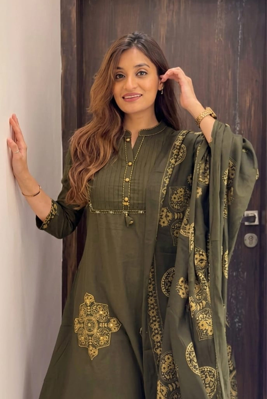 Olive Green Printed Kurta Set with Dupatta