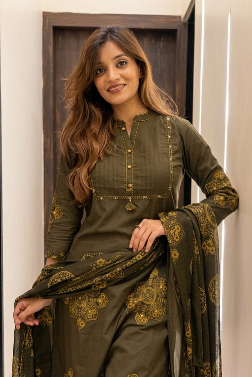 Olive Green Printed Kurta Set with Dupatta