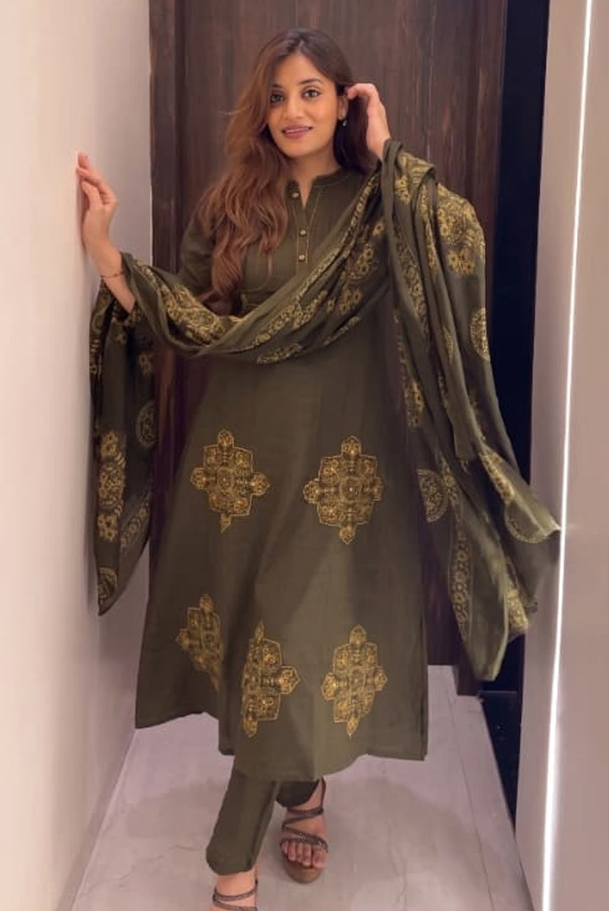 Olive Green Printed Kurta Set with Dupatta