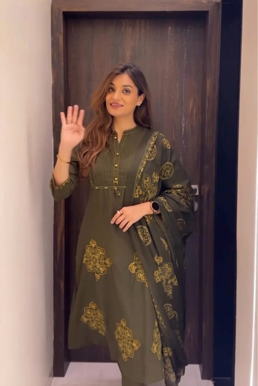 Olive Green Printed Kurta Set with Dupatta