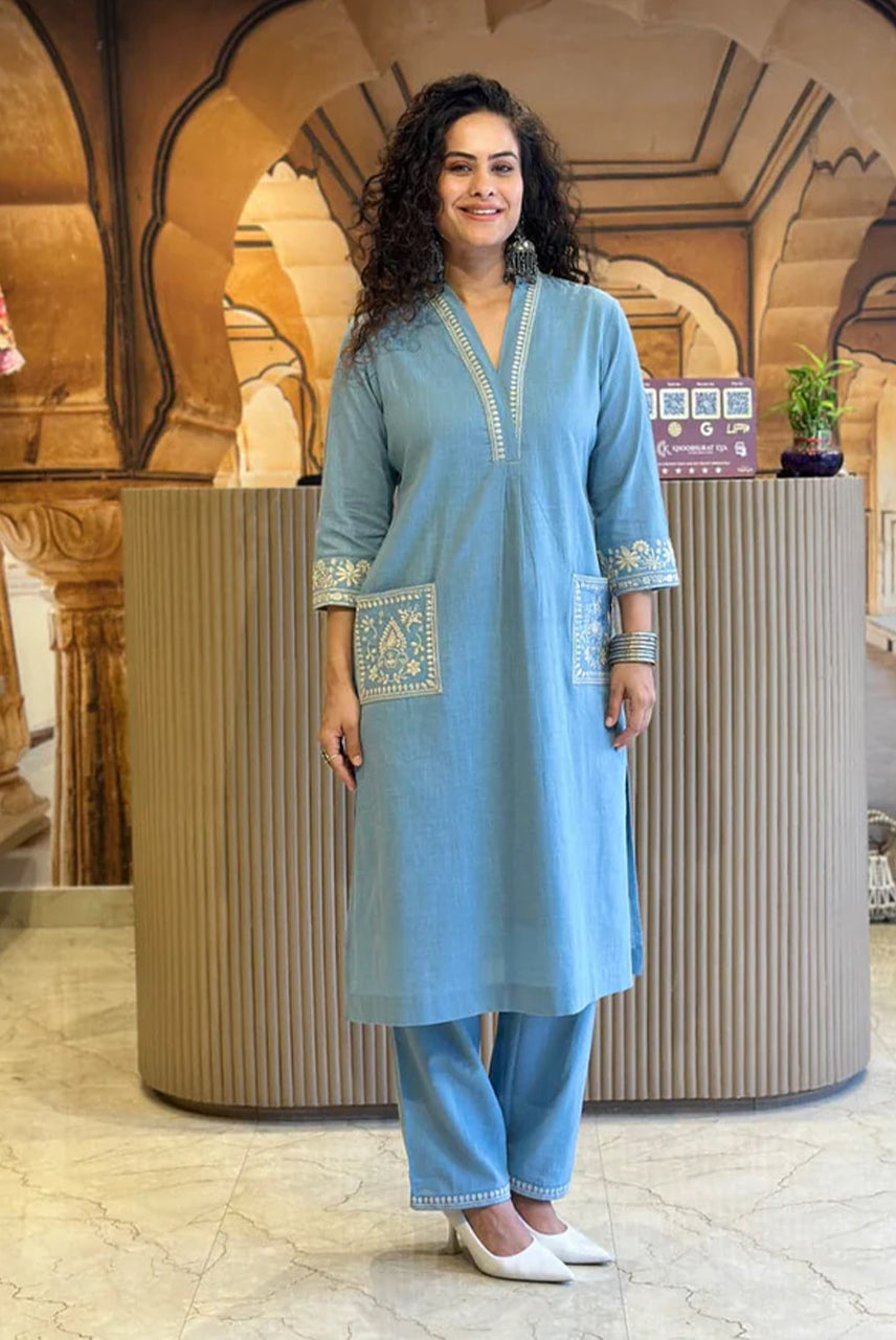 Sky Blue Charm Embroidered Cotton Kurta Set