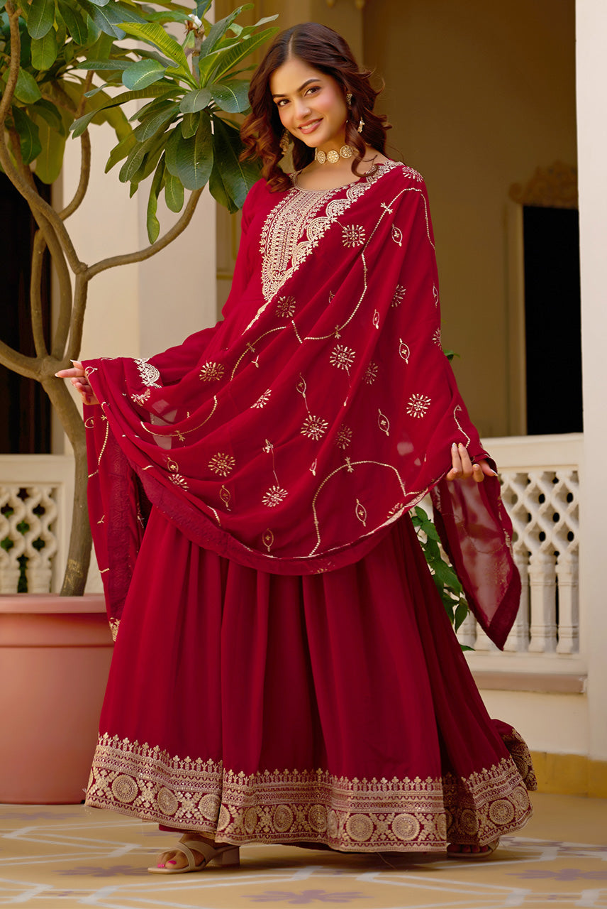 Rani Wine Embroidered Anarkali Kurta Set with Dupatta
