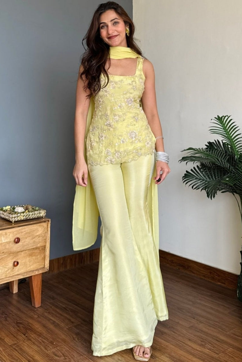 Pastel Yellow Floral Embroidered Faux Georgette Sharara Set