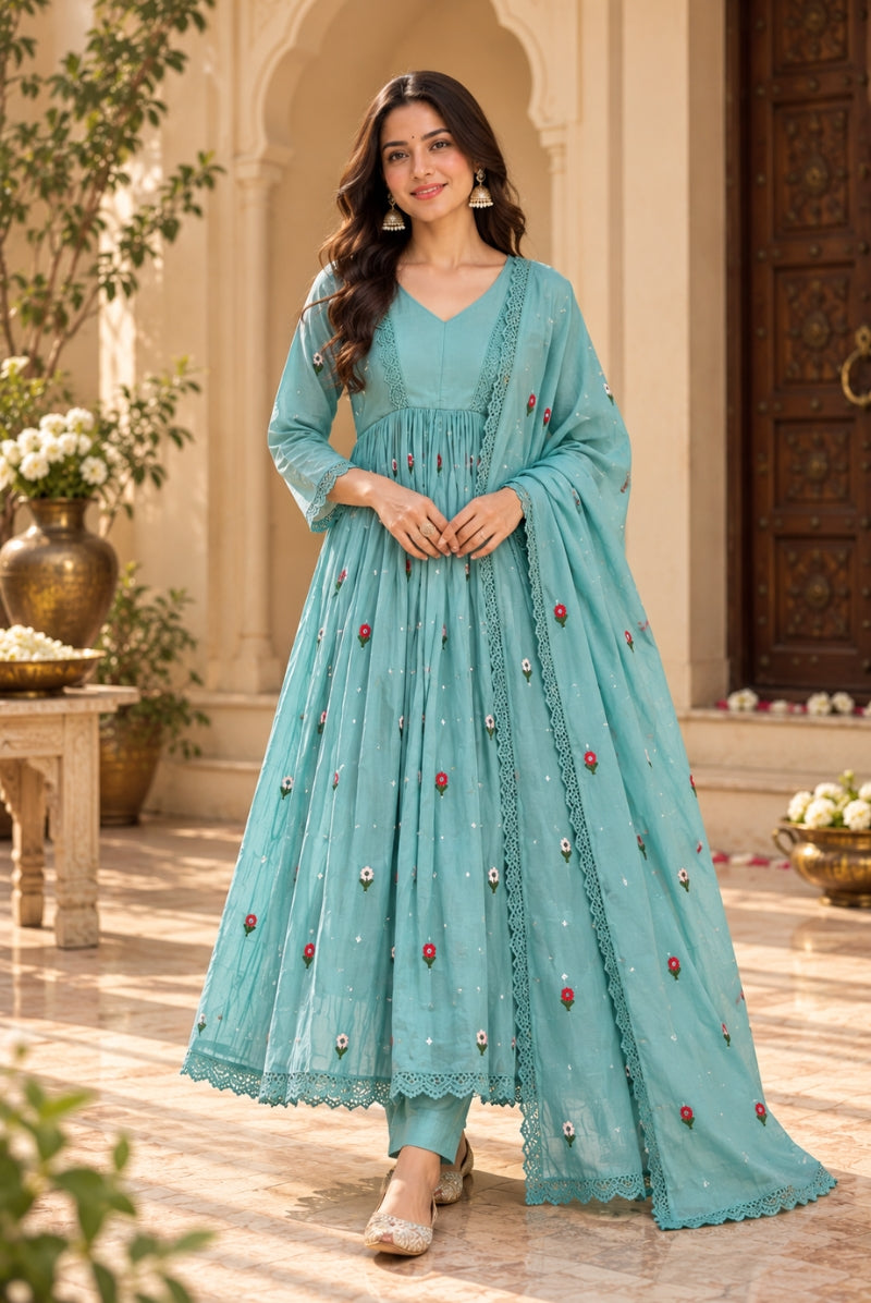 Aqua Blue Floral Embroidered Pure Mal Chanderi Anarkali Suit Set