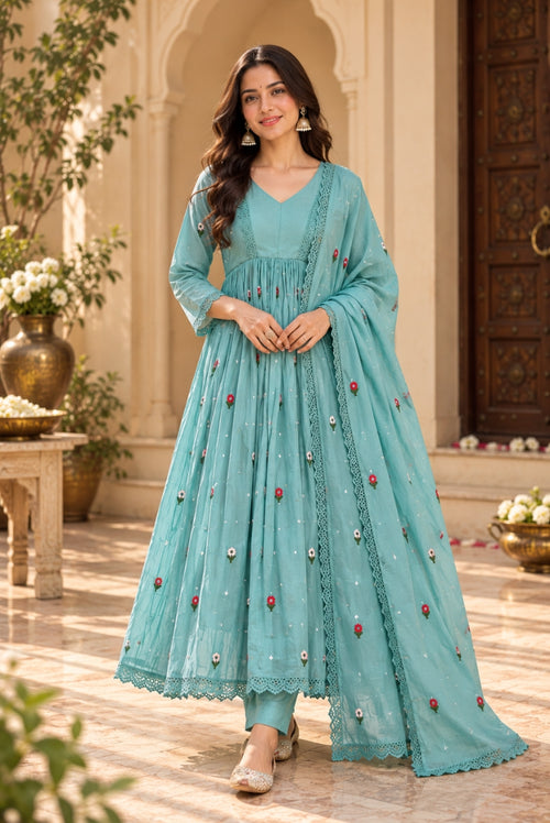 Aqua Blue Floral Embroidered Pure Mal Chanderi Anarkali Suit Set