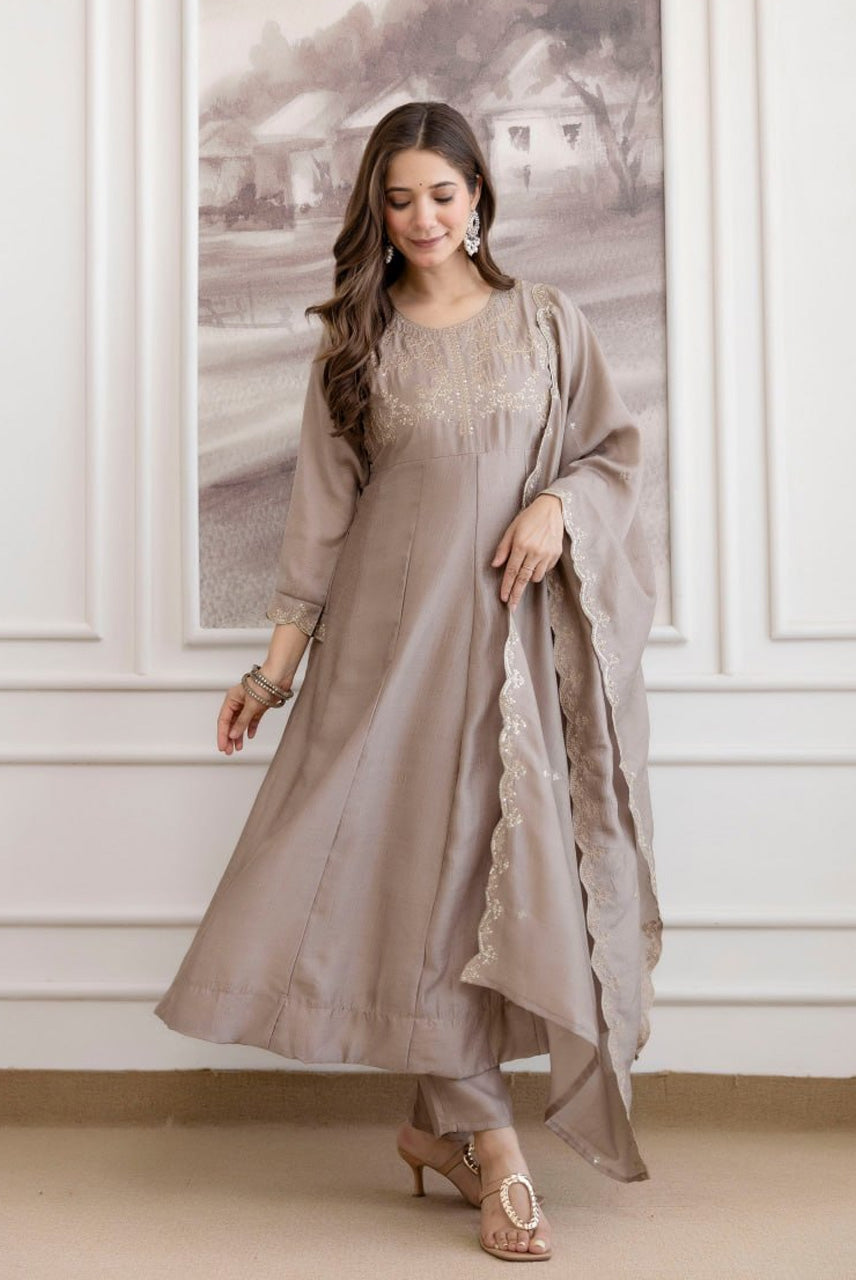 Taupe Embroidered A-Line Kurta Set with Dupatta