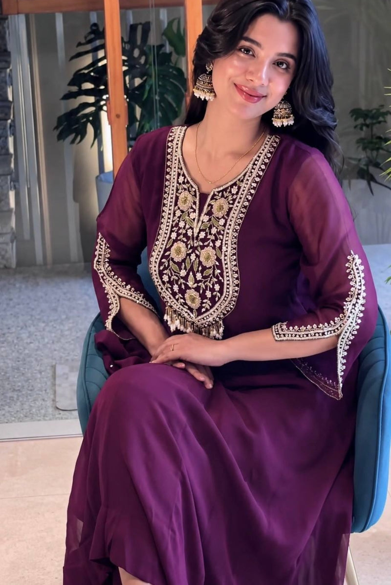 Wine Embroidered Faux Georgette Anarkali Suit Set with Dupatta