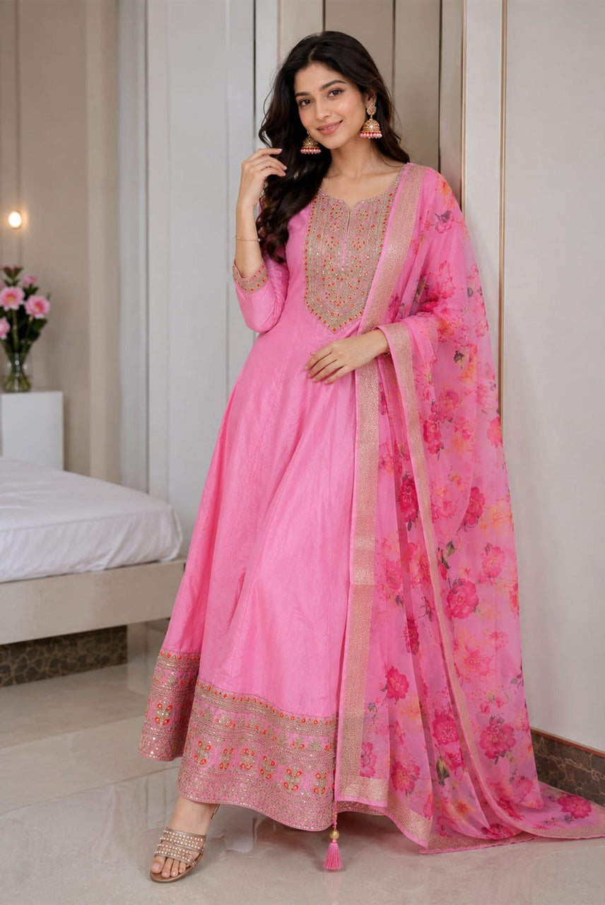 Gulnaar Rani – Pink Zari Anarkali Dupatta Set