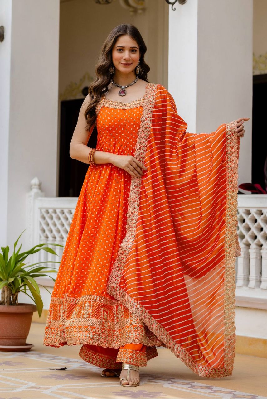 Orange Bandhani Vichitra Silk Embroidered Anarkali Suit Set with Leheriya Dupatta