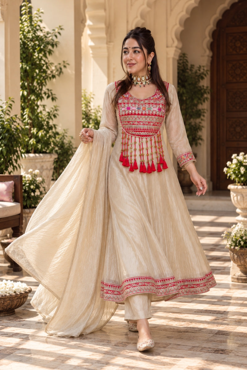 Ivory Embroidered Salsa Crush Silk Anarkali Pant Dupatta Set