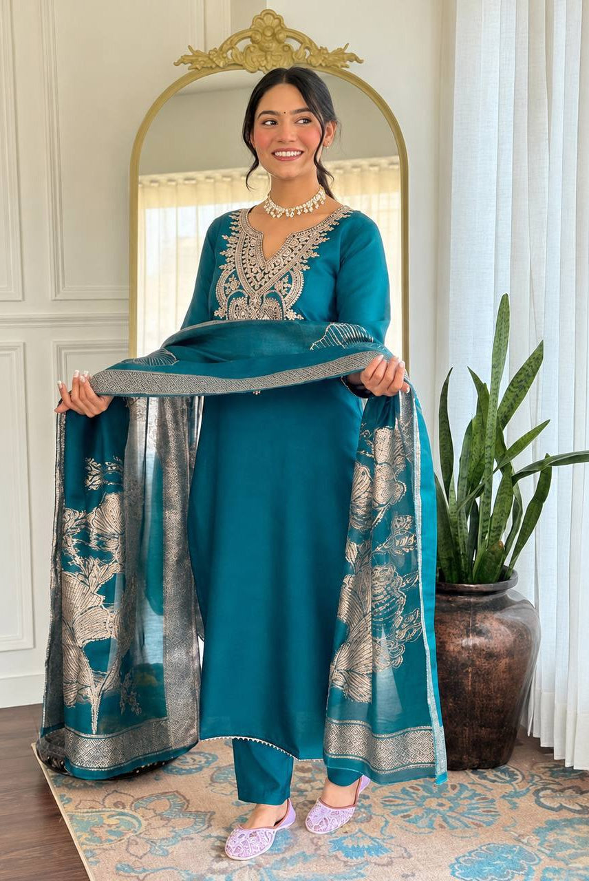 Teal Blue Embroidered Kurta Pant Set with Floral Printed Dupatta