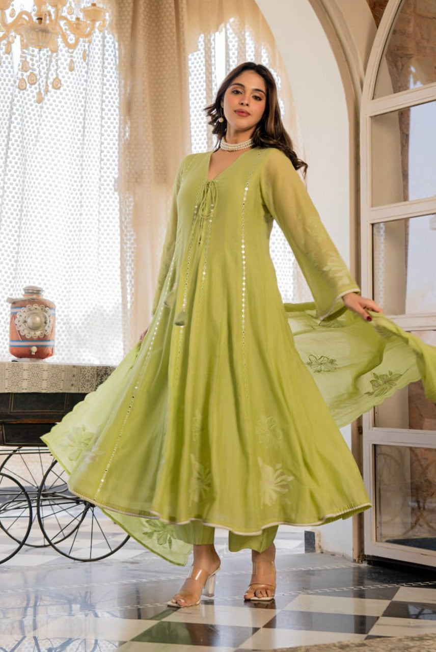 Lime Green Embroidered Kurta Set with Dupatta