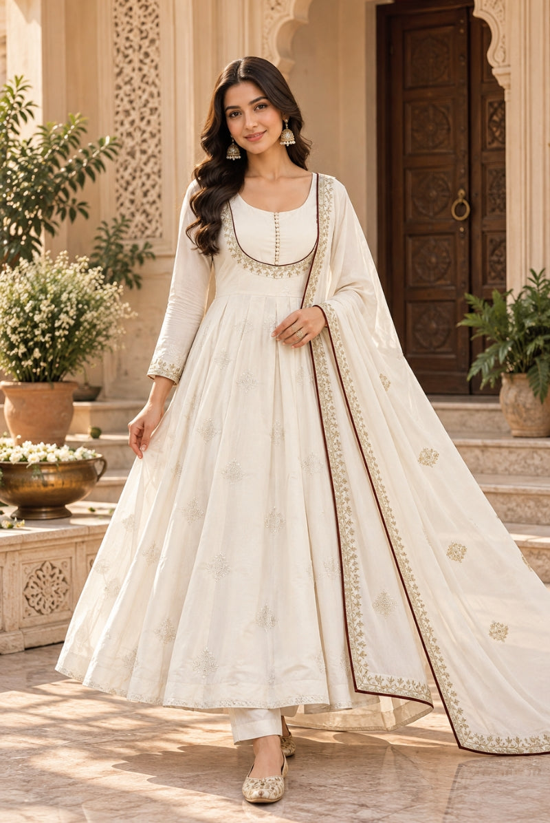 Ivory White Embroidered Anarkali Suit Set with Dupatta