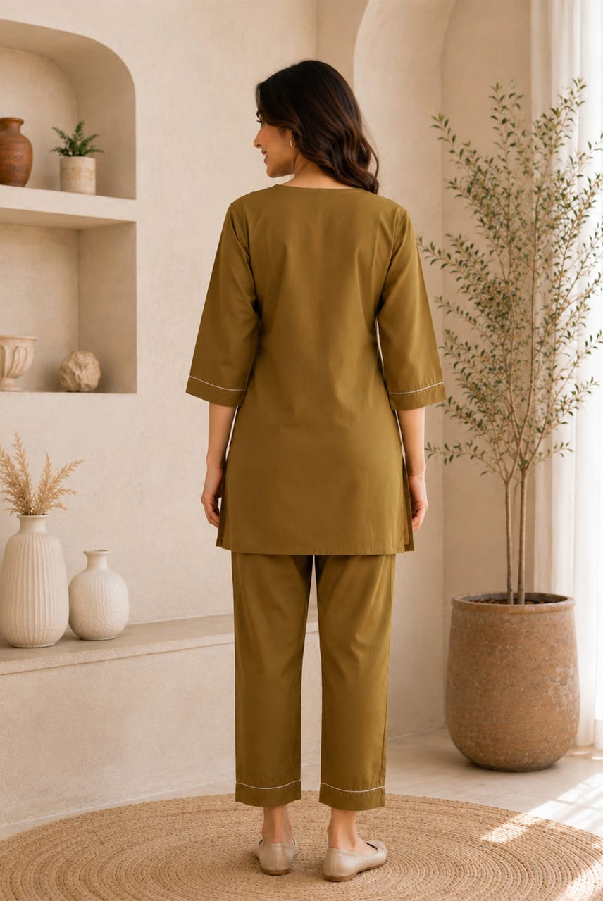 Olive Green Embroidered Co-Ord Set for Women