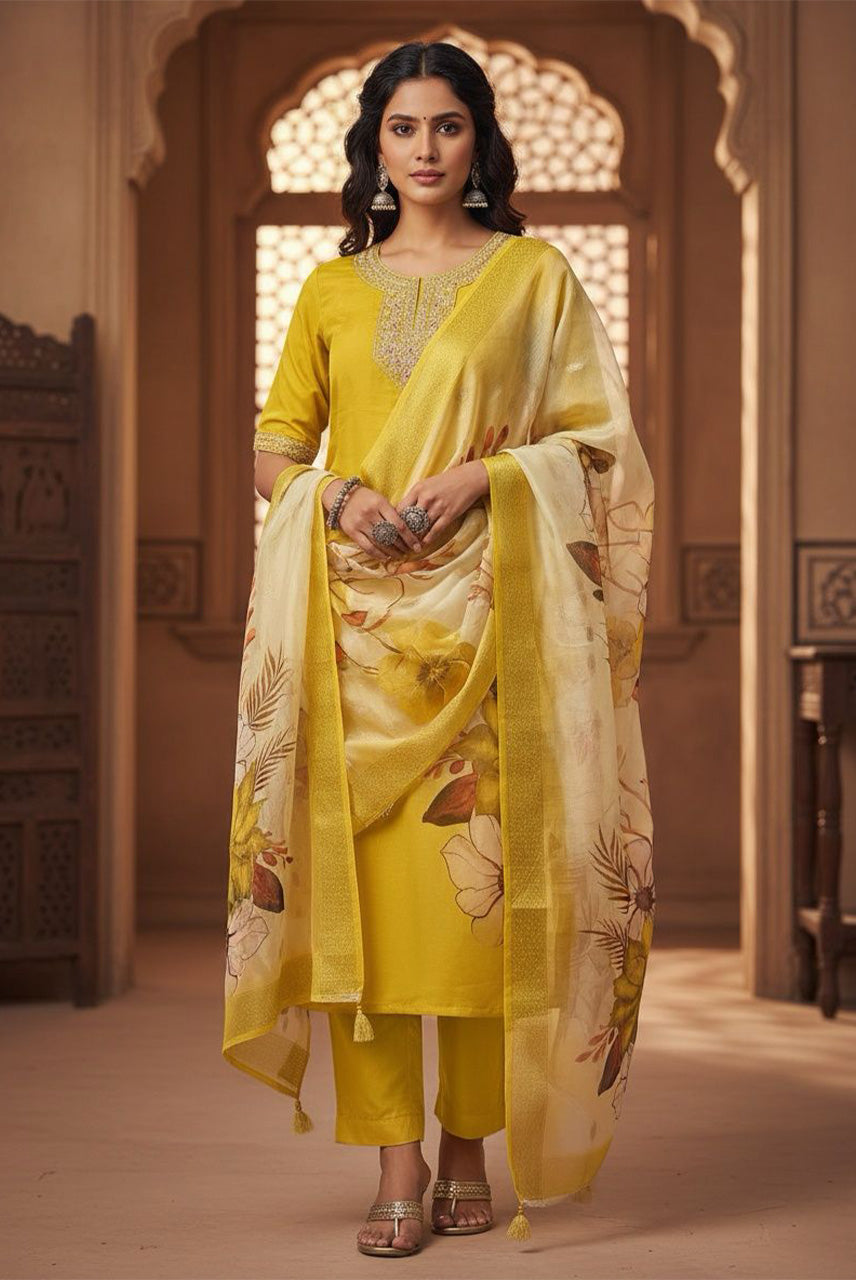 Sunshine Blossom Floral Organza Dupatta Kurta Set