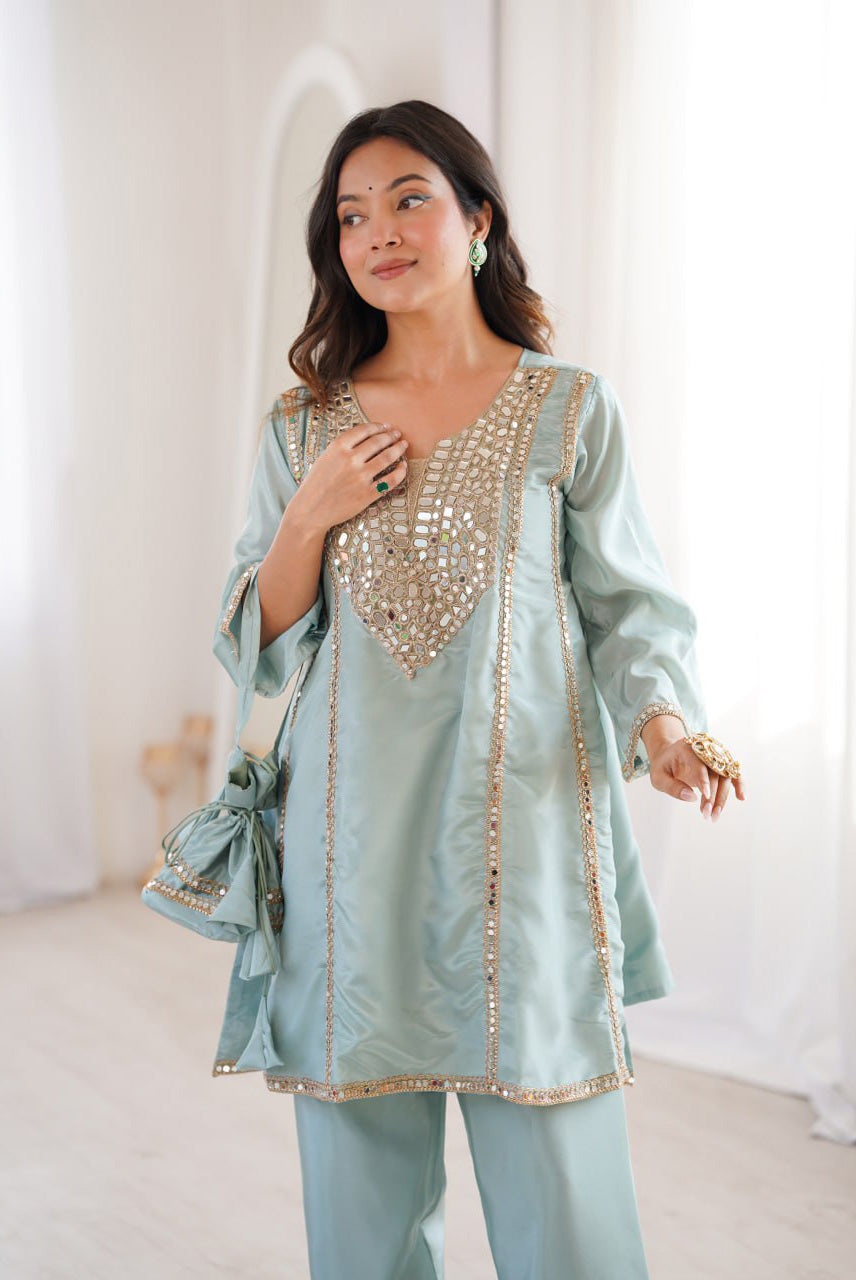 Powder Blue Mirror Work Kurta Sharara Set