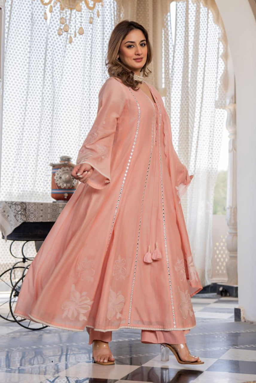 Peach Embroidered A-Line Kurta Set with Dupatta