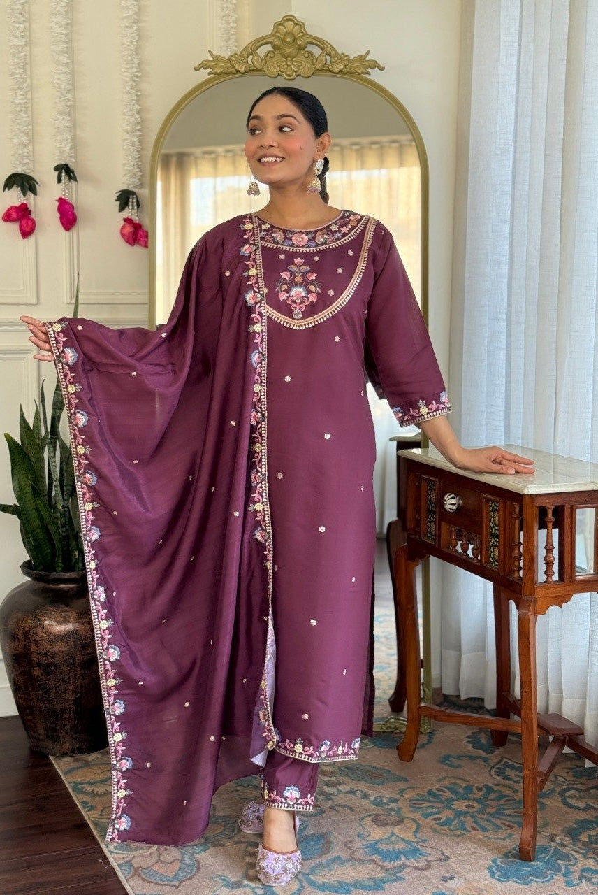 Wine Purple Floral Embroidered Kurta Set with Dupatta
