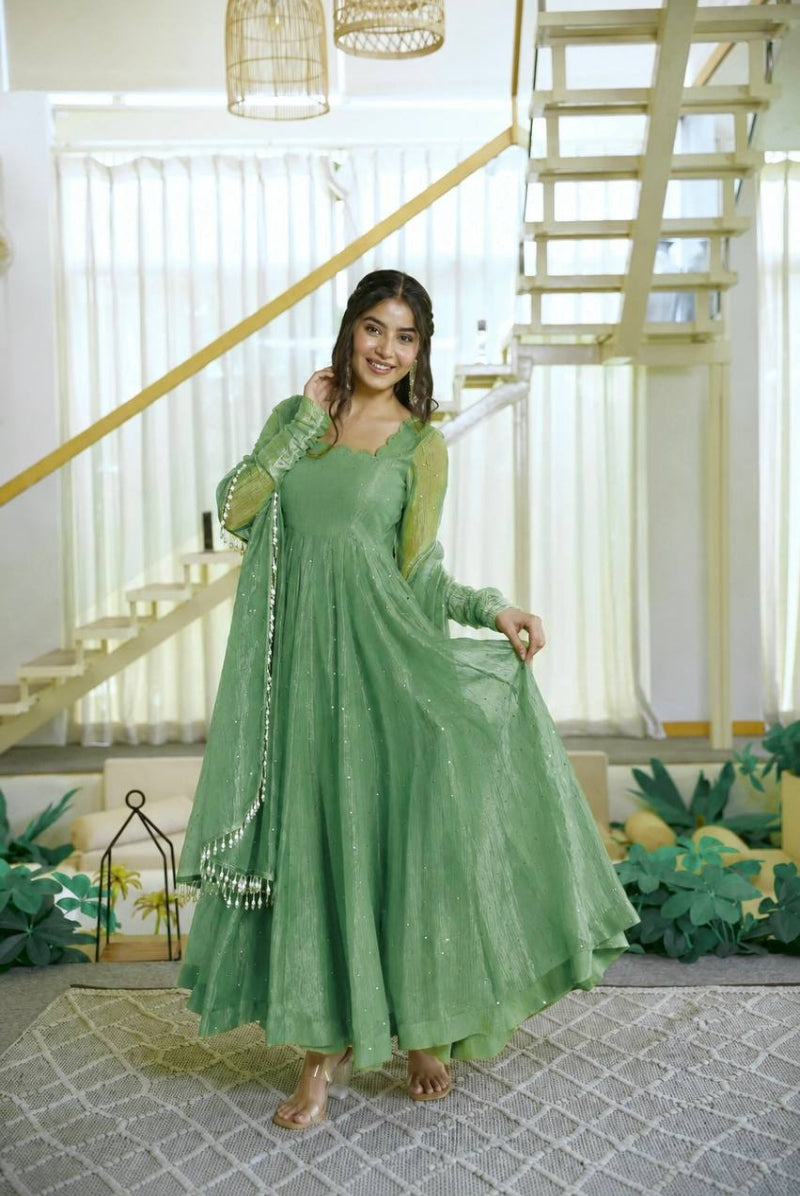 Sage Green Salsa Silk Anarkali Suit Set with Dupatta