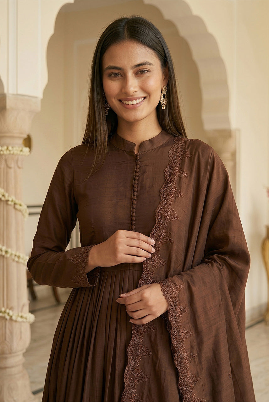 Cocoa Royale Brown Anarkali Kurta Set with Designer Dupatta