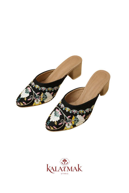 Black Floral - Embroidered Block Heel Mule
