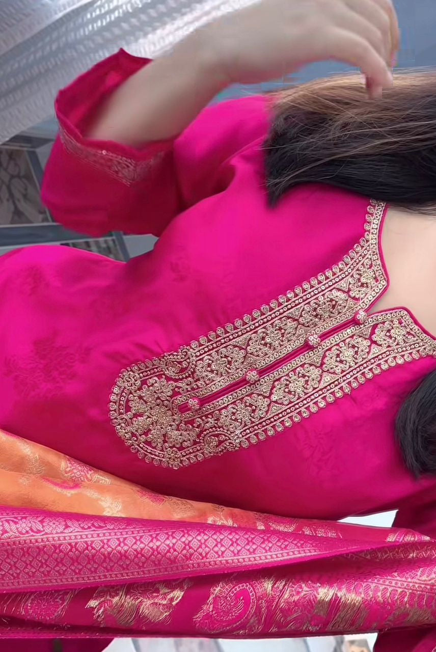 Rani Pink Festive Suit Set with Jacquard Dupatta