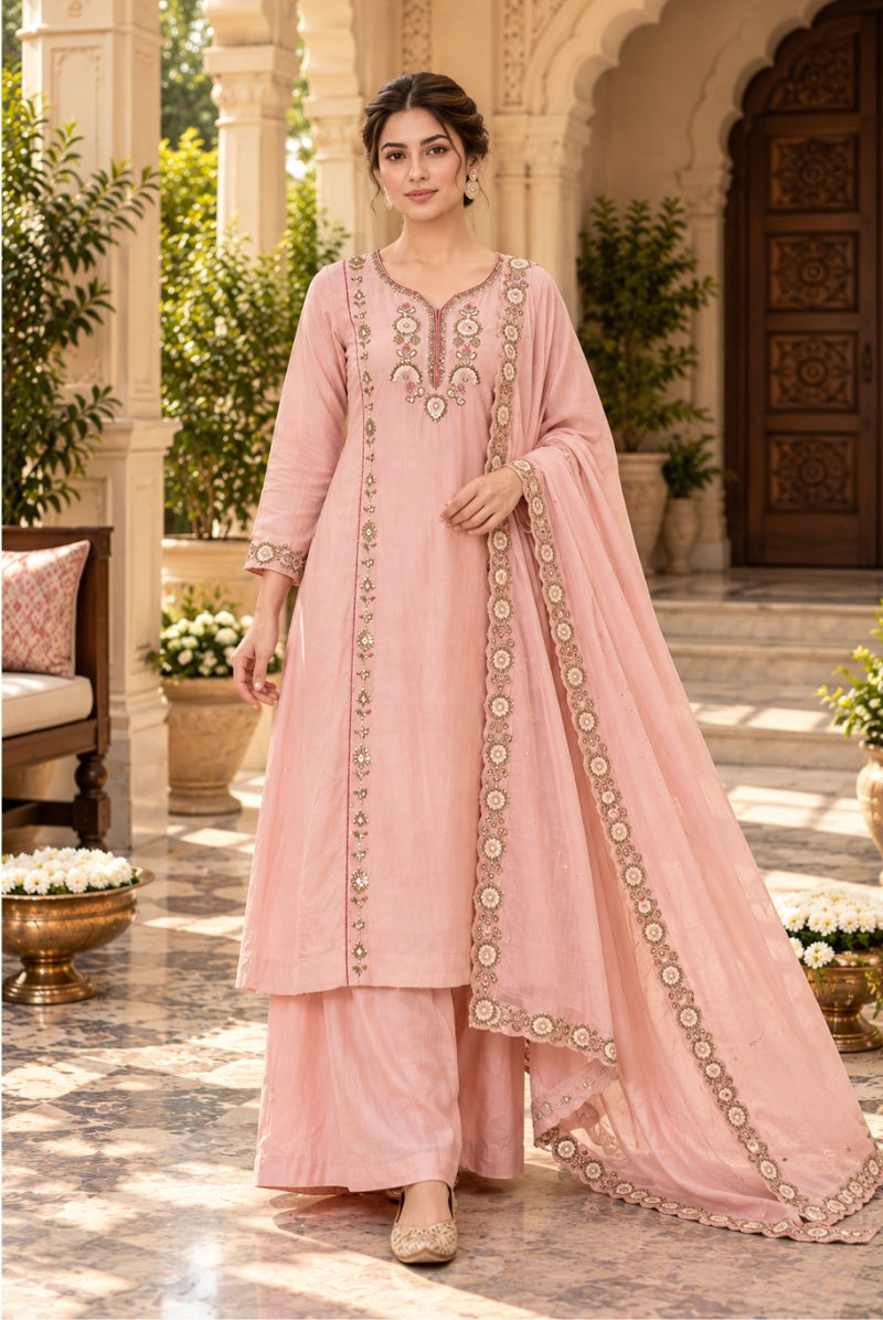 Peach Pink Floral Embroidered Mal Chanderi Kurta Set with Dupatta